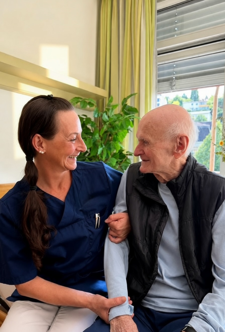 Pflegekraft im Gespräch mit Bewohner