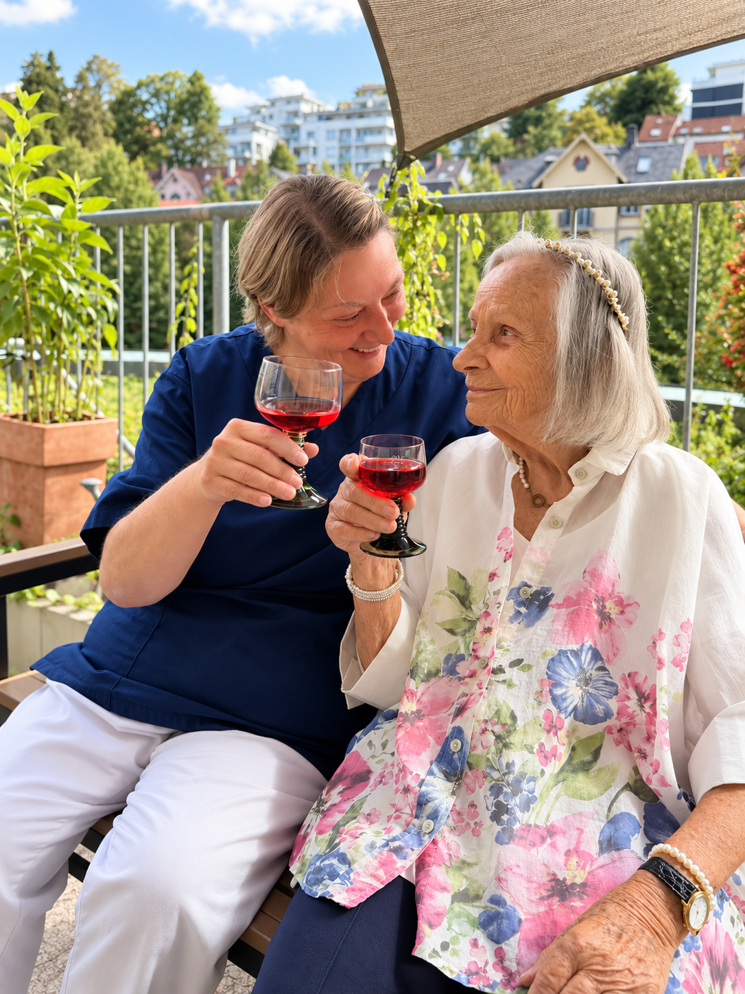 Gemeinsamer Anstoß auf der Terrasse